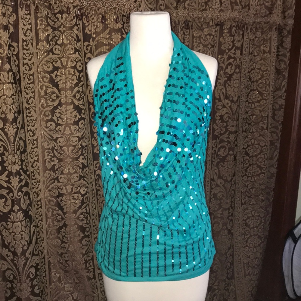 Green sequin halter top